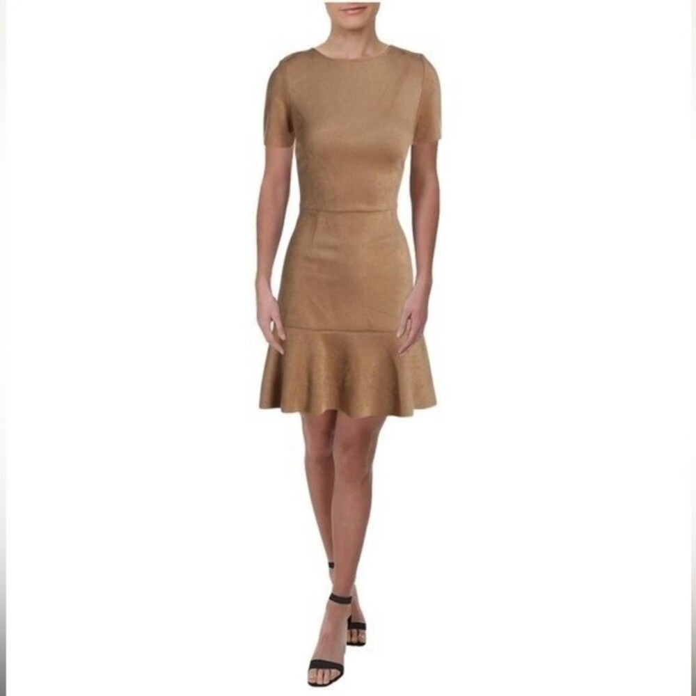 Aqua Flounce-Hem Short Sleeve Faux Suede Dress in Tan - Small